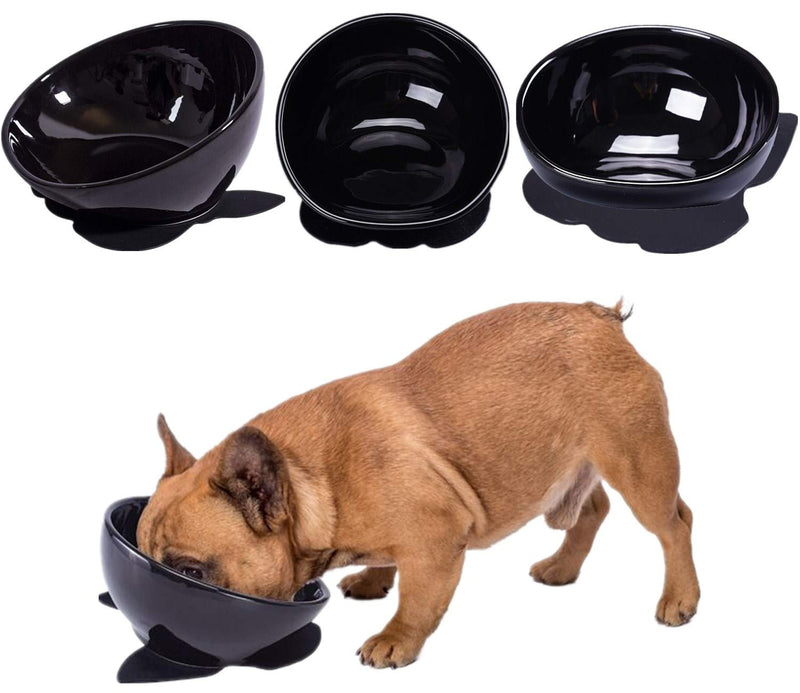 JYHY Bulldog Bowl Ceramic Dog Food Bowl - Dog Cat Dish Wide Mouth Dog Bowl Pet Sterile Tilted Pet Feeder with Anti-Skid Rubber Mat,Black Black - PawsPlanet Australia