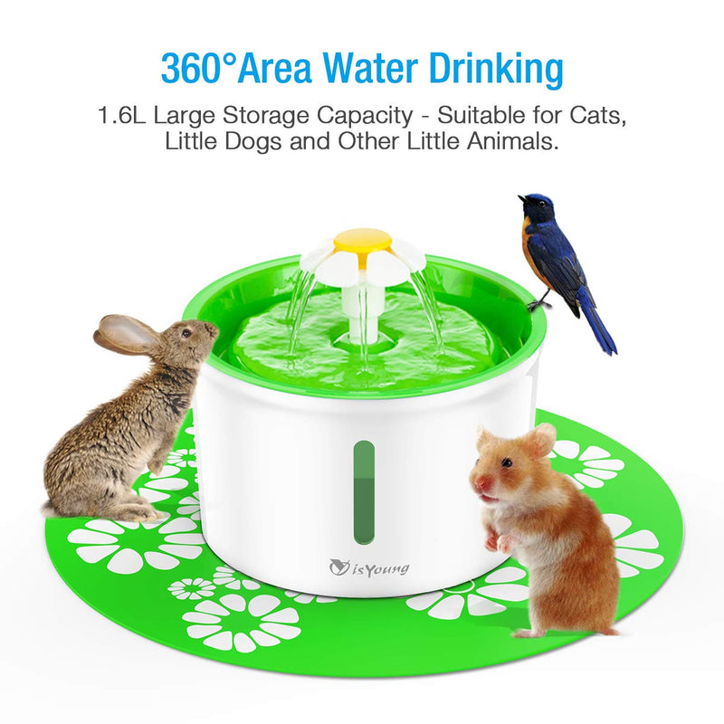 isYoung Cat Water Fountain,1.6L Dog&Cat Fountain Automatic Pet Water Dispenser with Replacement Filter and Flower Style,Super Quiet and Hygienic,Cat Fountain Water with Water Level Window, Green - PawsPlanet Australia