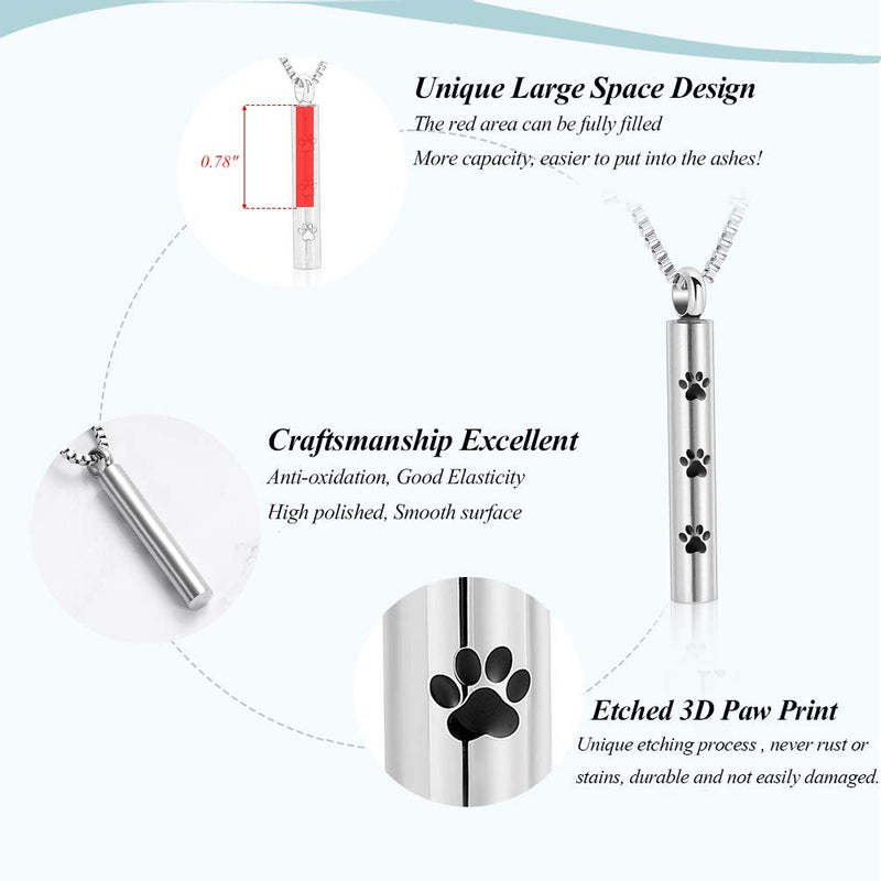 [Australia] - XSMZB Cylinder Tube Urn Necklace for Ashes Pet Paw Pendant Locket Stainless Steel Keepsake Memorial Cremation Jewelry for Men Women Silver-1 