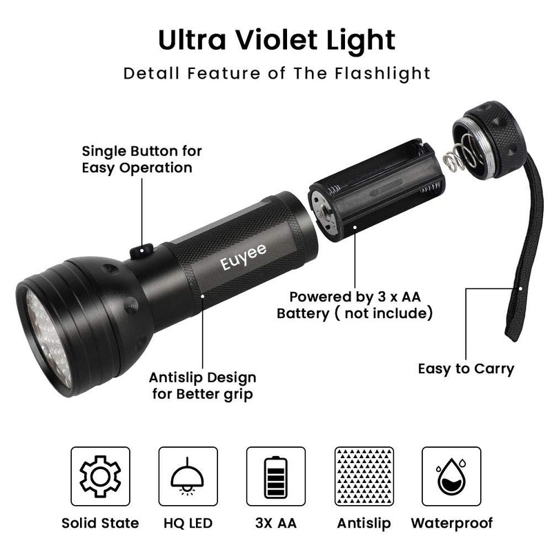 Euyee UV Black Light Flashlight, 51 LED Blacklight Flashlights IPX65 waterproof for Pet Urine Detection, Scorpion, Bed Bug, Resin Curing, Dog Stain and Carpet Odor Eliminator Remover - PawsPlanet Australia