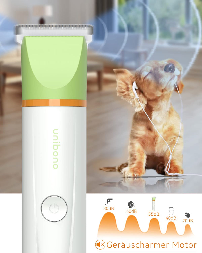 Unibono Quiet Dog Clipper Cat Razor Complete Set, Rechargeable Dog Cat Clipper with 4 Multifunctional Cutting Heads for Paws, Eyes, Ears, Face, Body, IPX7 Waterproof Green - PawsPlanet Australia