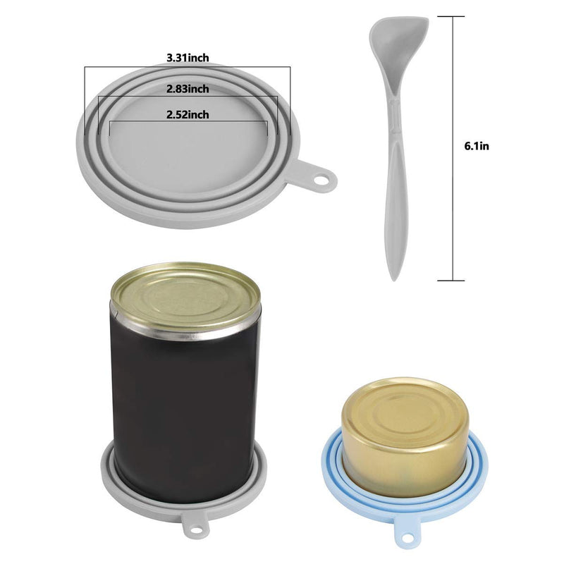 [Australia] - SLSON 2 Pack Pet Food Can Cover Universal Silicone Cat Dog Food Can Lids 1 Fit 3 Standard Size Can Tops with 2 Spoons,Light Blue and Grey 