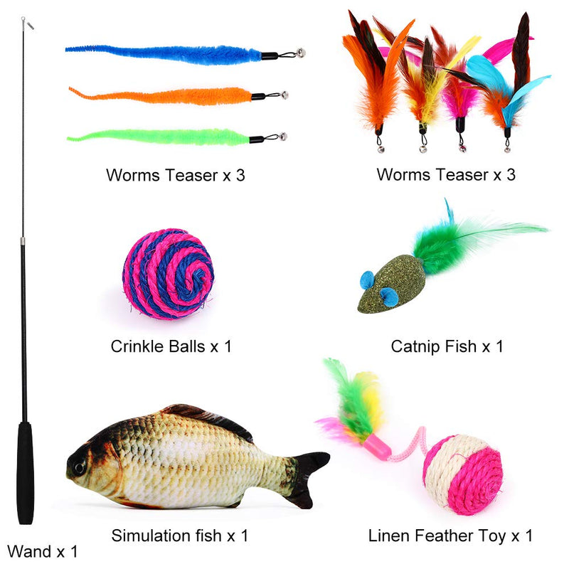 [Australia] - Easeou Cat Toys for Indoor Cats, 12 PCS Retractable Kitten Feather Toys for Indoor Cats, Catnip Fish,Mice Cat Wand Toys, Interactive Catcher Teaser and Funny Exercise Balls and Bells 