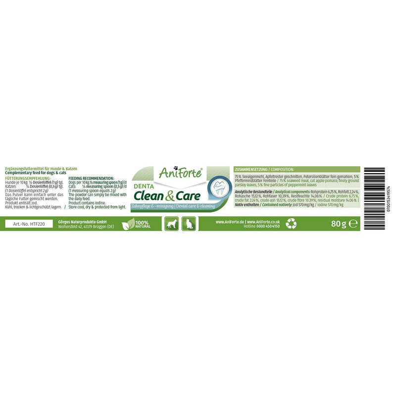 AniForte Denta Clean & Care 80g for Dogs and Cats - Effective Natural Teeth Cleaning Supplement for Fresh Breath, Anti-Plaque & Tartar Remover 80 g (Pack of 1) - PawsPlanet Australia