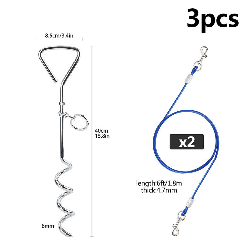 Jodsen Dog Spike,2 x 6Ft Dog Tie Out Cable for Outside,Metal Pet Stake Spiral Shape Tie-Out Dog Chains Ground Spike for Camping Yard,Suit for Small Medium and Large Pets - PawsPlanet Australia