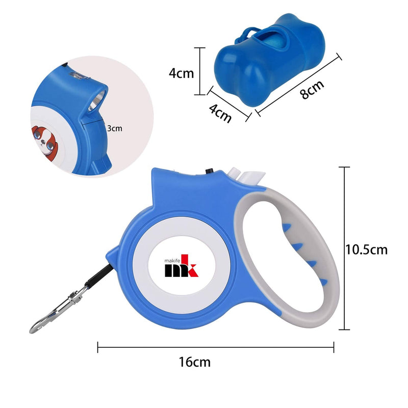 Makife Retractable Dog Lead 5 m under 25 kg Large and Medium Dog Flashlight 15 Pieces Dog Waste Bags Blue (Dog Waste Bags, Dog Bowl) - PawsPlanet Australia