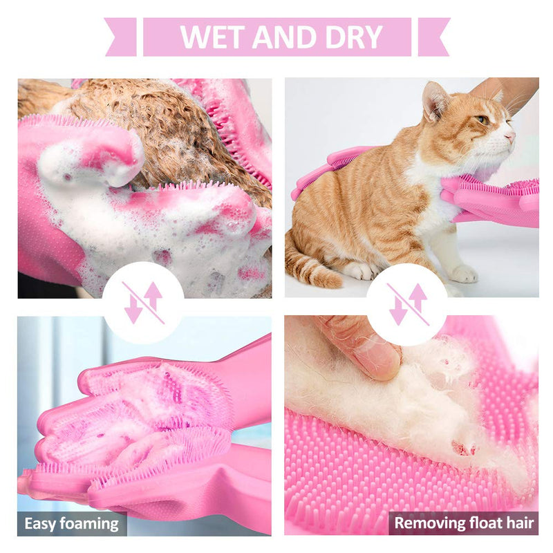 Pet-Grooming-Gloves for Bathing & Hair-Removal, Dog and Cat Brush Bath-Scrubber Glove, Pets Silicone Scrubbing Gloves for Shedding, Pet Shower Attachment Supplies for Anti-Bite & Anti-Scratch (Pink) - PawsPlanet Australia