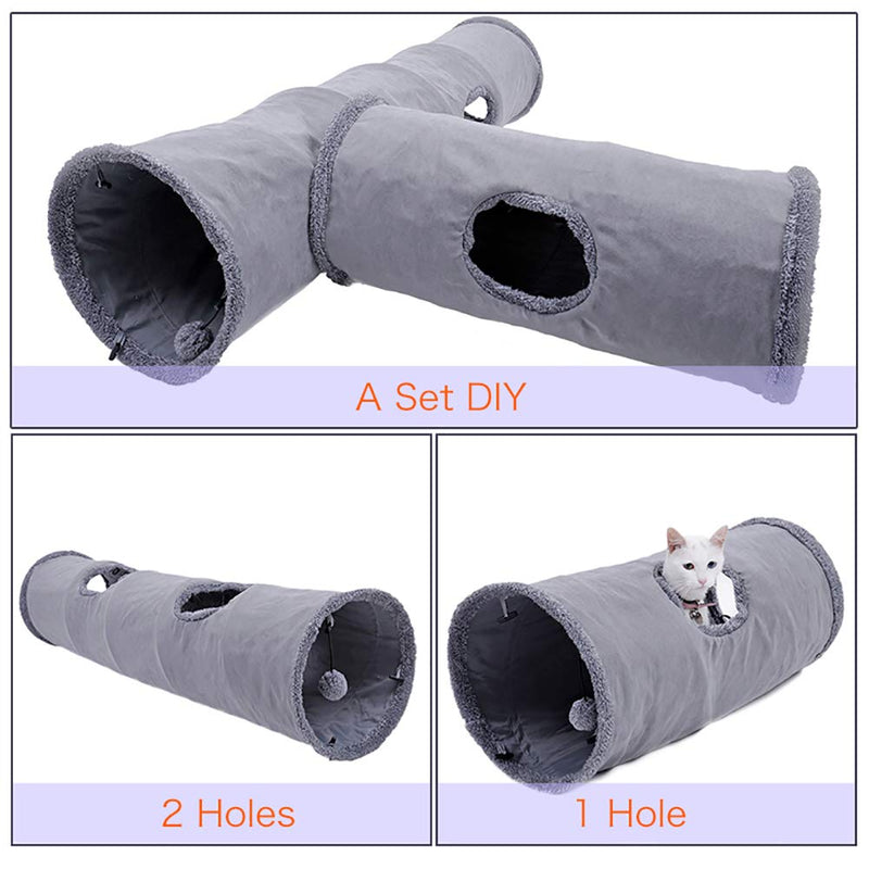 [Australia] - LeerKing Collapsible Cat Tunnel, 1/2 Window Cat Play Tube Toy for Large Cats with Scratching Ball Crinkle Paper M (26.3"x 11.8") Grey 