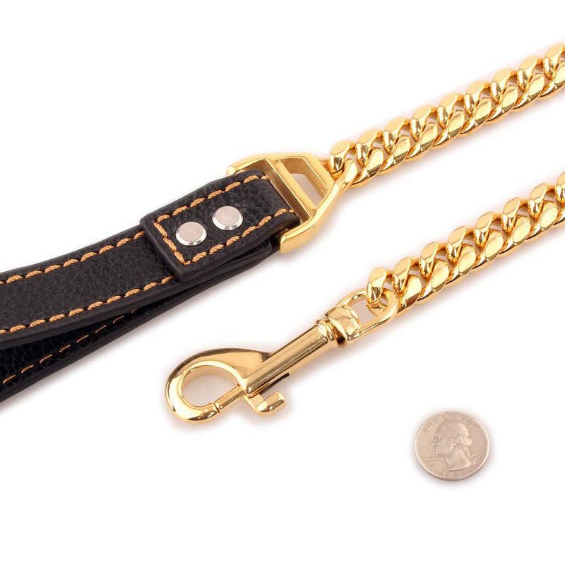 [Australia] - Petoo Heavy Duty Chain Dog Leash with Leather Handle 30inch Metal Dog Leash,18K Gold Chew Proof Indestructible Cuban Link Dog Chain for Large & Medium Dogs 40inch 