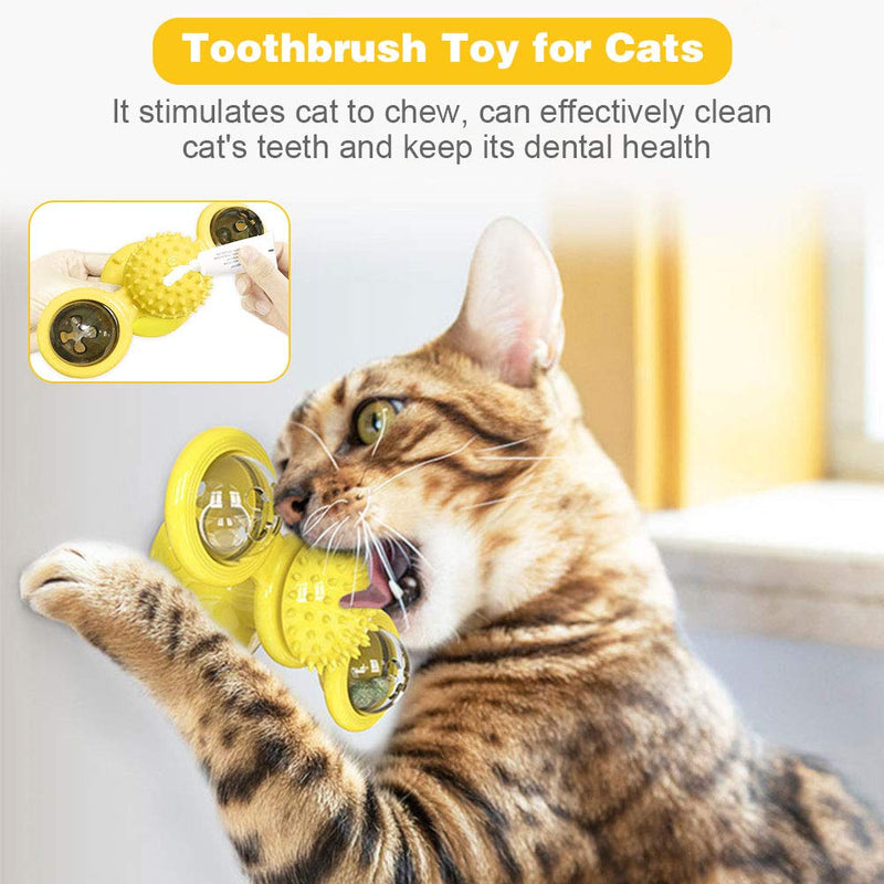 Abnaok Catnip Toy for Indoor Cats Interactive, Windmill Cat Toy Kitten Toys with Led Ball and Catnip Ball, Wall Mount Cat Brush (Yellow) Yellow - PawsPlanet Australia