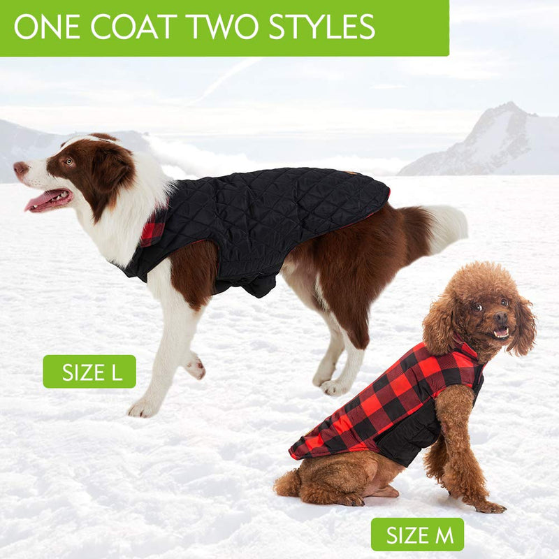 EXPAWLORER Winter Warm Dog Down Coat Cozy Waterproof Lightweight Reversible British Plaid Long Collar Dog Vest Cold Weather Jacket for Hiking Outdoor Red Black Size XL - PawsPlanet Australia
