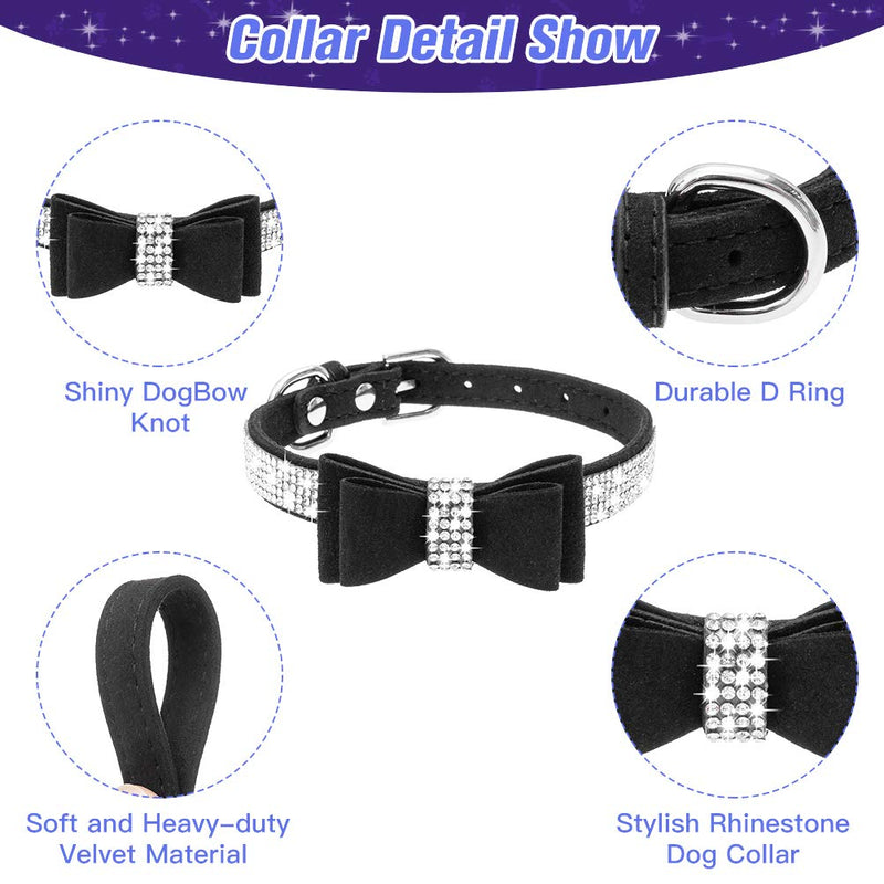 [Australia] - EXPAWLORER Bling Dog Collar with Leash Set for Dogs & Cats, Sparkling Rhinestone Bow Tie Collar and 4 Feet Leash, Crystal Soft Durable Leather Pet Collar for Daily and Party Show S (Neck:10.2"-12.4", Leash:3.9ft) Black 