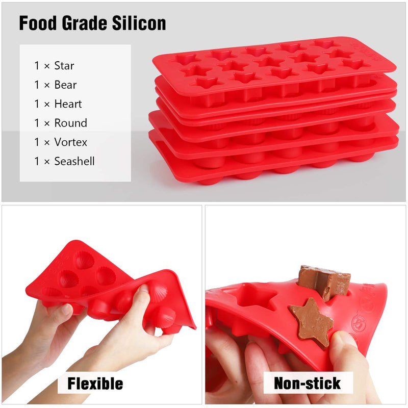 Kootek 6 Pieces Silicone Chocolate Molds, Reusable 90 Cavity Candy Making Mold Ice Cube Trays Candies Making Supplies for Chocolates Hard Candy Cake Decoration Soap Crayons Candles (Red) Red - PawsPlanet Australia