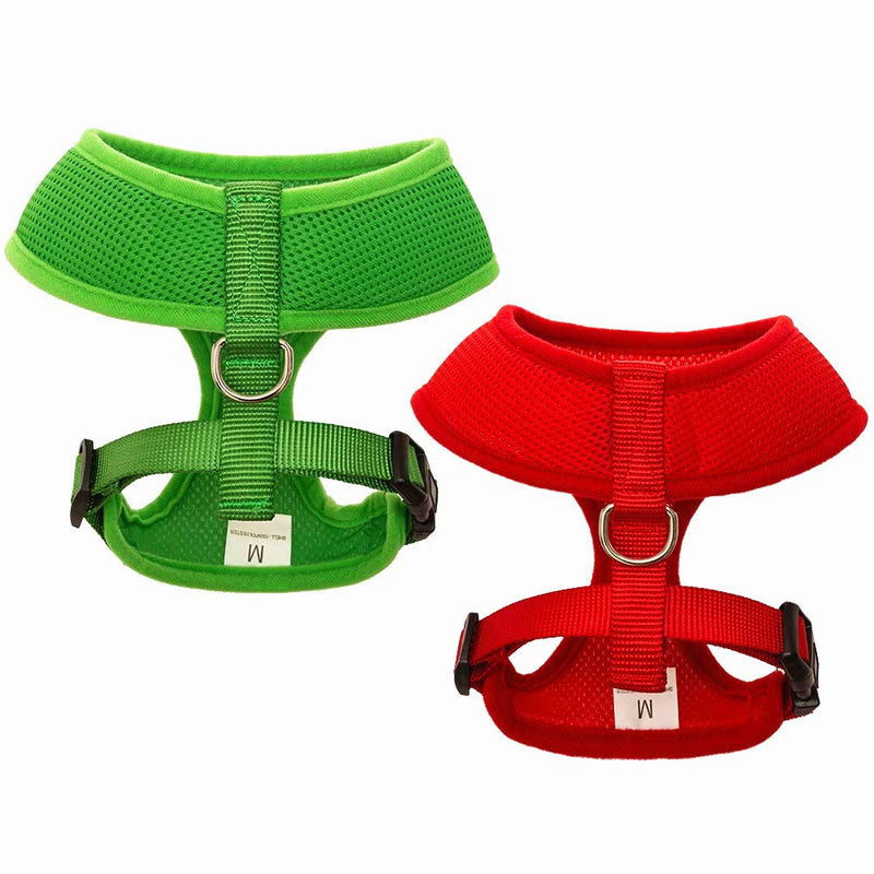 [Australia] - SCENEREAL Christmas Dog Harness Vest with Leash Set 2 Packs - Adjustable Soft Mesh Harnesses Snowman Elk Pattern Label Green Red M(Neck girth 14", Chest girth 14" - 18") 