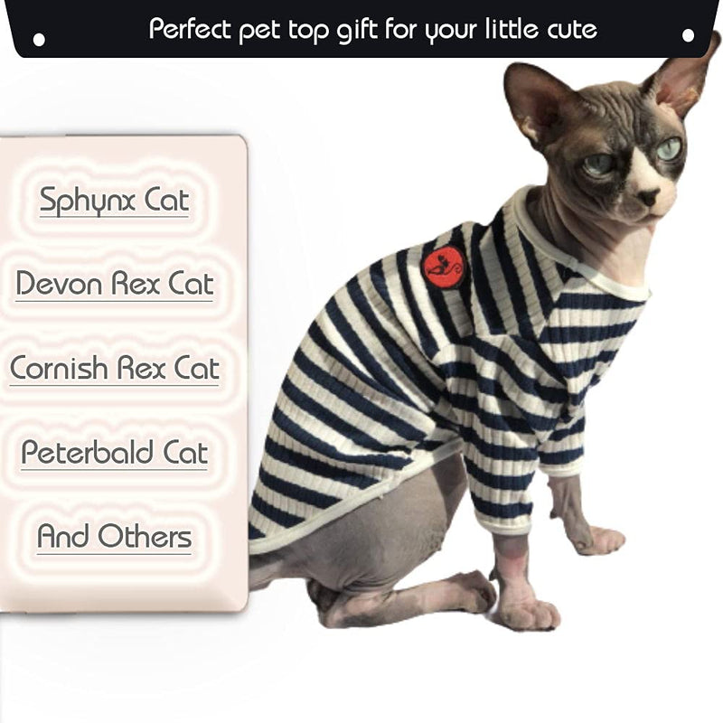 Hairless Cat Cotton Clothes, Sphynx Breathable Summer T-Shirts Stripe Vest Pet Clothes, Soft Stretchable Skin-Friendly Cats Apparel Cat's Pajamas Jumpsuit for Sphynx, Cornish Rex, Devon Rex Peterbald XS(2.2-3.3lb) Blue - PawsPlanet Australia