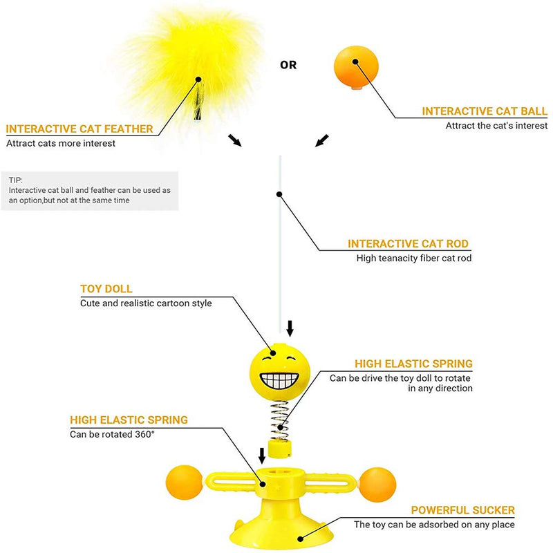 WeChip Windmill Interactive Cat Toy, Cat Toys for Indoor Cats with Turntable Teasing Feather Stick Suction Cup Base Funny Kitten Feather Ball Toys for Cats Cradle String Game (Yellow) - PawsPlanet Australia