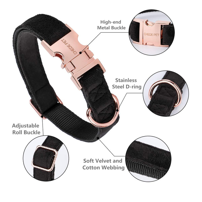 chede Adjustable Soft Velvet Dog Collar - Nylon Pet Collar with Metal Safety Locking Buckle, Welded D-Ring for Small,Medium,Large Dogs (S, Black) S - PawsPlanet Australia