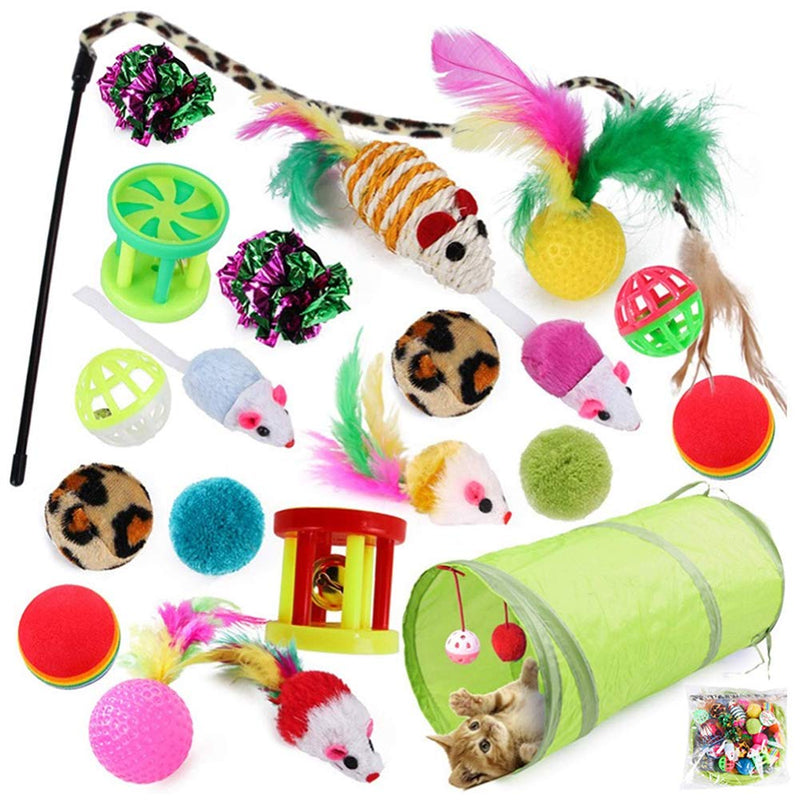 21PCS Cat Toys Set, Kitten Mouse Toys Cat Tunnel Wood Sticks Feather Wand Catnip Balls Interactive Kitten Toys for Cat, Puppy, Kitty - PawsPlanet Australia