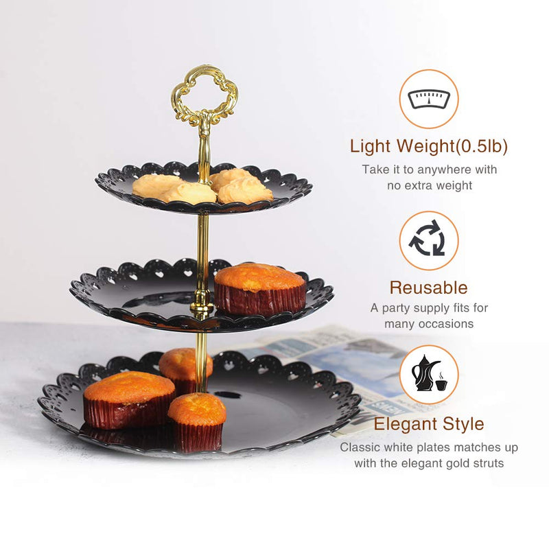 Black Round Plate 3 Tiered Serving Stand Tray Cake Stands Cupcake Holder Dessert Stand Table Decorations for Party Kids Birthday Tea Party Baby Shower Black Large - PawsPlanet Australia