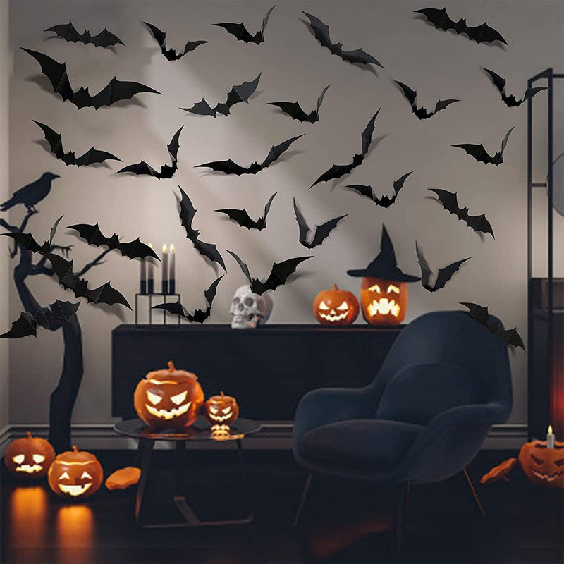 Halloween PVC 3D Bats Decoration, Funnasting Decorative Scary Bats Wall Decal Wall Sticker for DIY Wall Decal Indoor Hallowmas Party Supplies (60 pcs , Black) - PawsPlanet Australia