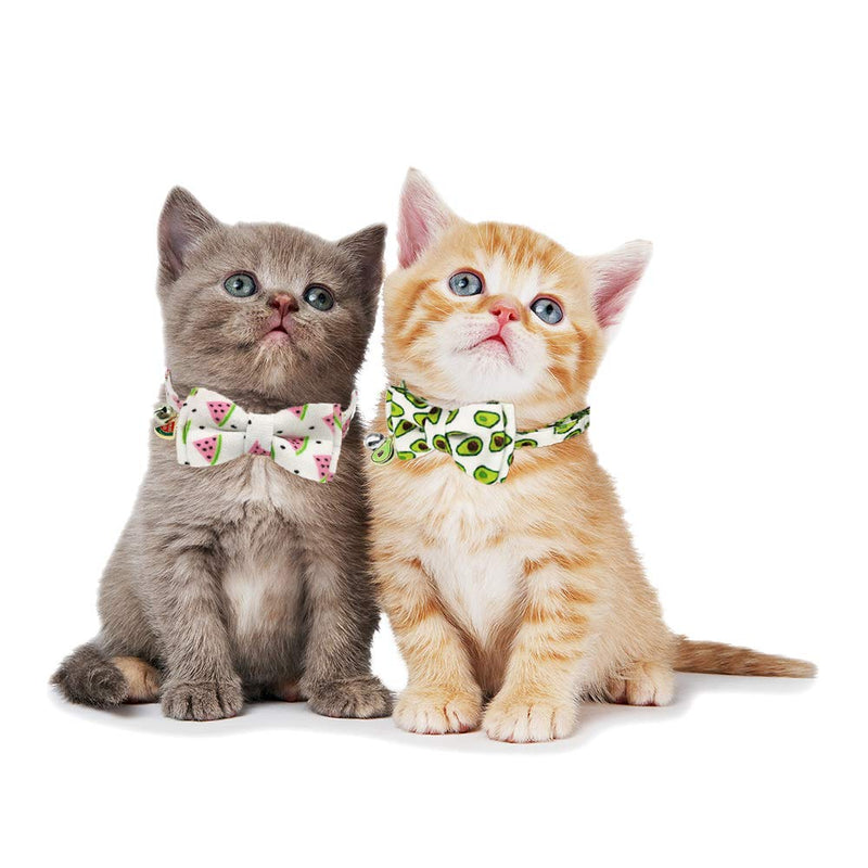 ADOGGYGO Cat Collar Breakaway with Cute Bow Tie Bell - 2 Pack Kitten Collar with Removable Bowtie Different Pattern Cat Bowtie Collar for Cat Kitten Kitty Avocado & Watermelon - PawsPlanet Australia