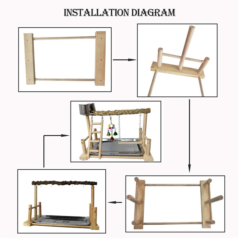 kathson Parrots Playground Bird Perch Wood Playstand Stand with Ladder Swing Feeder Cups Chew Toy for Parakeet Conure Cockatiel Budgie Lovebird Finch Small Birds prickly ash wood - PawsPlanet Australia