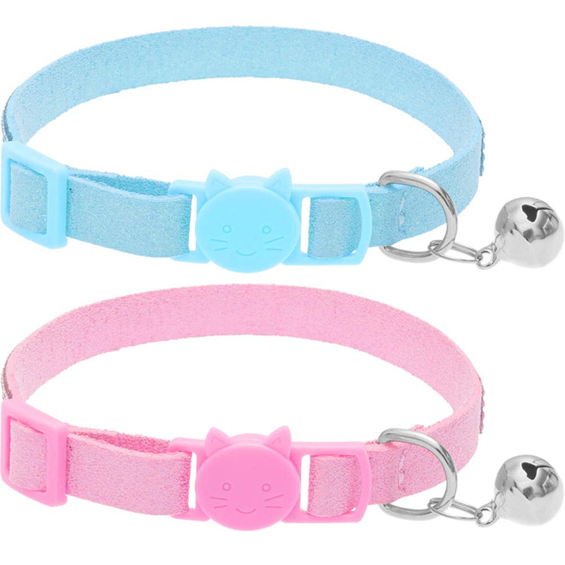 [Australia] - OFPUPPY Breakaway Cat Collars with Bell 2 PCS - Adjustable Safe Pet Collar Velvet Kitty Collar with Bling Rhinestone Blue&Pink 