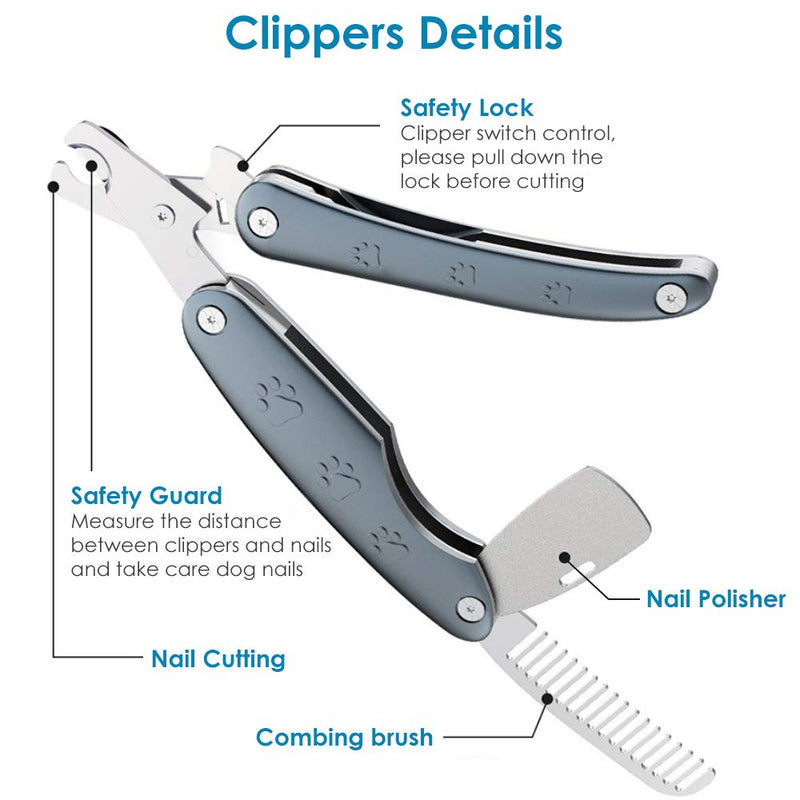 [Australia] - Dog Nail Clippers, 3 in 1 Foldable Cat Nail Clippers, Metal Pet Trimmers with Safety Guard to Avoid Over Cutting,Razor Sharp Blade,Professional Grooming Tool for Large and Small Breed Animals (Gray) 