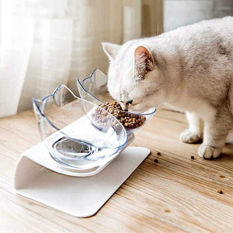 Raised Cat Bowl with Stand, 15° Tilted Cat Bowls for Kittens Elevated Cat Bowl Anti Vomiting Double Cat Bowls Plastic Transparent Cat Feeding Bowl - PawsPlanet Australia