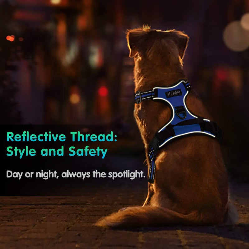 Eagloo Dog Harness No Pull, Walking Pet Harness with 2 Metal Rings and Handle Adjustable Reflective Breathable Oxford Soft Vest Easy Control Front Clip for Small Medium Large Dogs Blue - PawsPlanet Australia