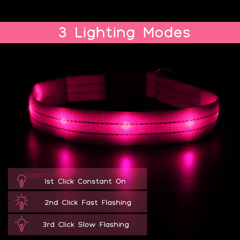 Flashing Dog Collar Rechargeable LED Luminous Dog Collars Waterproof Light Up Dog Collars Super Bright 3 Modes Adjustable for Small Medium Large Dogs, Pink-M M (38-50cm,2.5cm) - PawsPlanet Australia