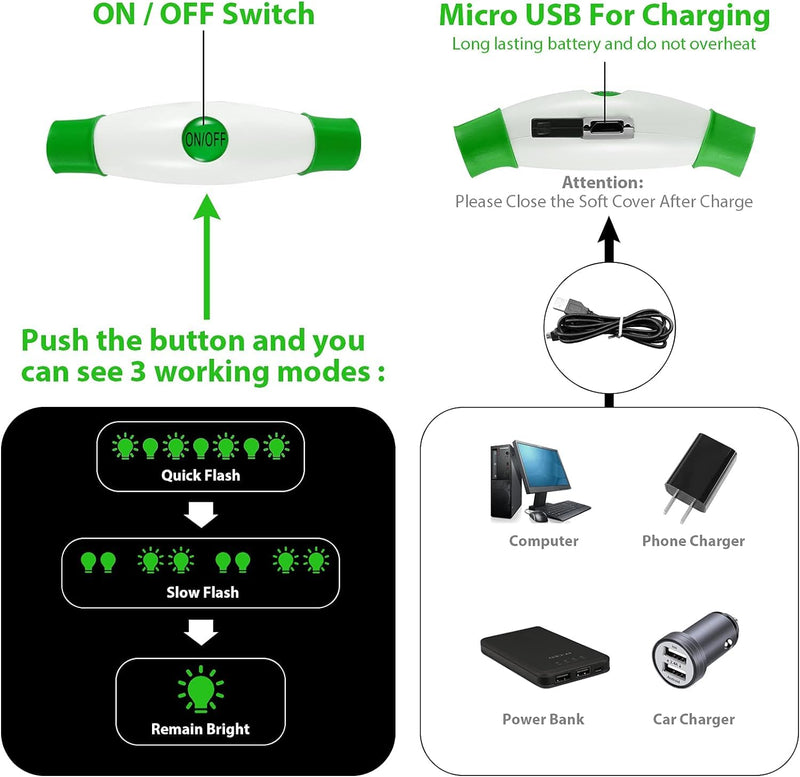 HezzLuv LED Dog Light Collar, USB Rechargeable Safety Collar, Adjustable Length, Suitable for Dogs and Cats (3 Lighting Modes) Green - PawsPlanet Australia