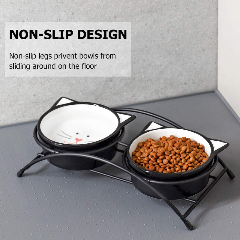 [Australia] - Y YHY Ceramic Raised Cat Bowls, Cat Food or Water Bowls, Double Cat Dishes with Metal Stand, Cute Cat Ear Design, 12 Ounces Black 