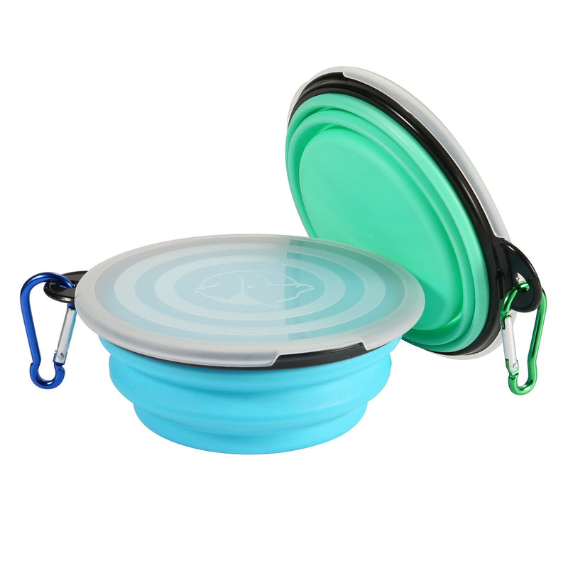 SLSON Collapsible Dog Bowls with Cover Lids,2 Pack Dog Travel Bowls Portable Foldable Cat Water Dish Bowl for Pets Walking Parking Camping,Light Blue and Green - PawsPlanet Australia