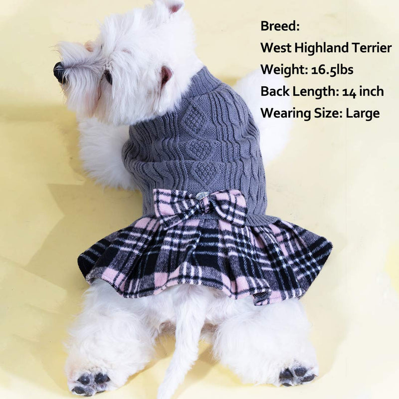 kyeese Dog Sweater Dress Plaid with Bowtie Turtleneck Dog Pullover Knitwear Pet Sweater for Fall Winter X-Small Pink - PawsPlanet Australia