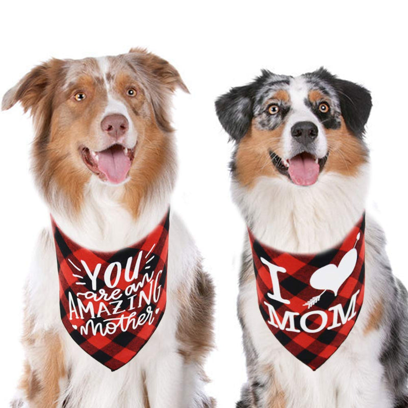2 PCS I Love Mom Dog Bandana Reversible Triangle Bibs Plaid Print Pet Scarf Accessories for Medium to Large Dogs - PawsPlanet Australia