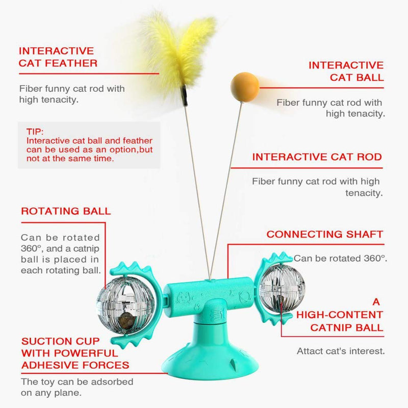 Rotating Windmill Cat Toy , Cat Toys Interactive with Suction Cup Turntable Teasing with Feathers and Catnips Ball - Blue - PawsPlanet Australia