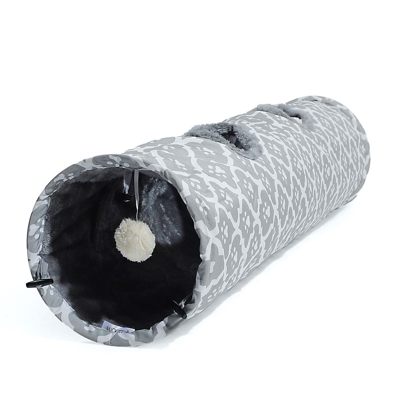 LUCKITTY Geometric Cat Tunnel with Plush Inside,Cats Toys Collapsible Tunnel Tube with Balls, for Rabbits, Kittens, Ferrets,Puppy and Dogs Grey-Paw - PawsPlanet Australia