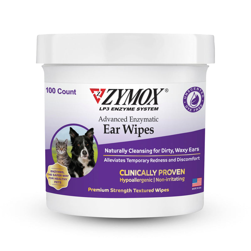 Zymox Advanced Enzymatic Ear Wipes for Dogs and Cats - for Dirty, Waxy, Smelly Ears - Premium Strength Ear Cleaner Wipes - Non-Irritating - Hypoallergenic - 100 ct - PawsPlanet Australia