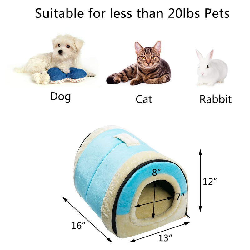 [Australia] - Hollypet Crystal Velvet Self-Warming 2 in 1 Foldable Cave House Shape Nest Pet Sleeping Bed for Cats and Small Dogs, Light Blue 
