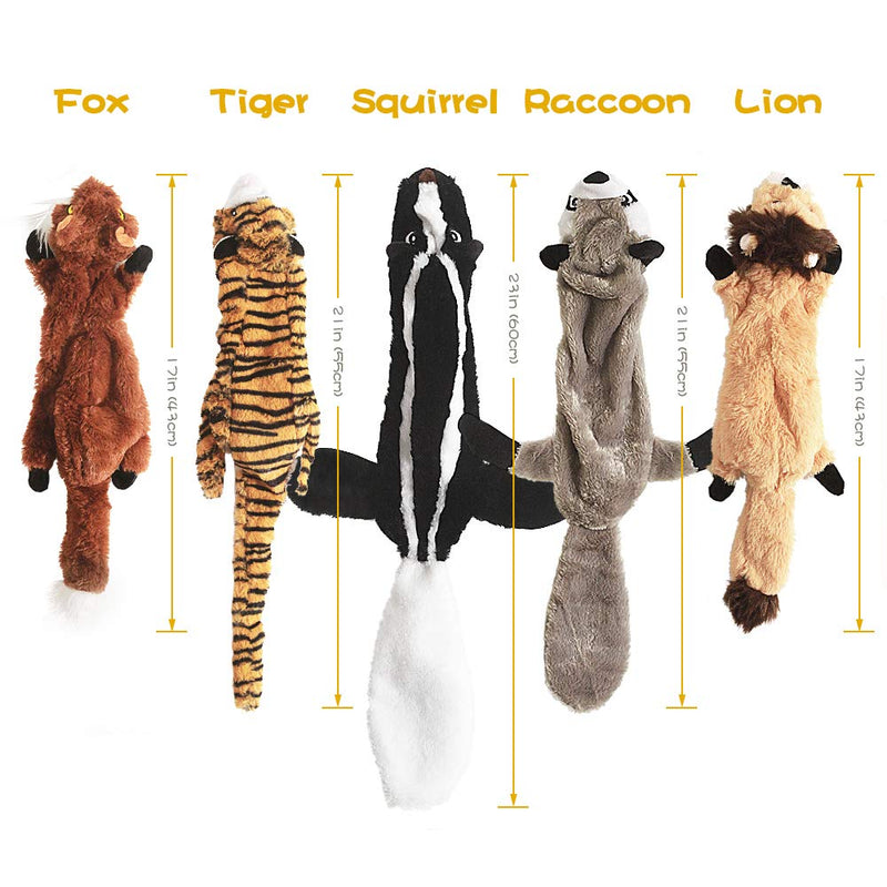 Dog Squeaky Toys, No Stuffing Plush Chew Toy for Small Medium Dogs Puppy Aggressive Chewers Large Breed, 5 Pack Cute Animal Raccoon Squirrel Tiger Fox and Lion, Tough Durable Teething Interactive Gift - PawsPlanet Australia