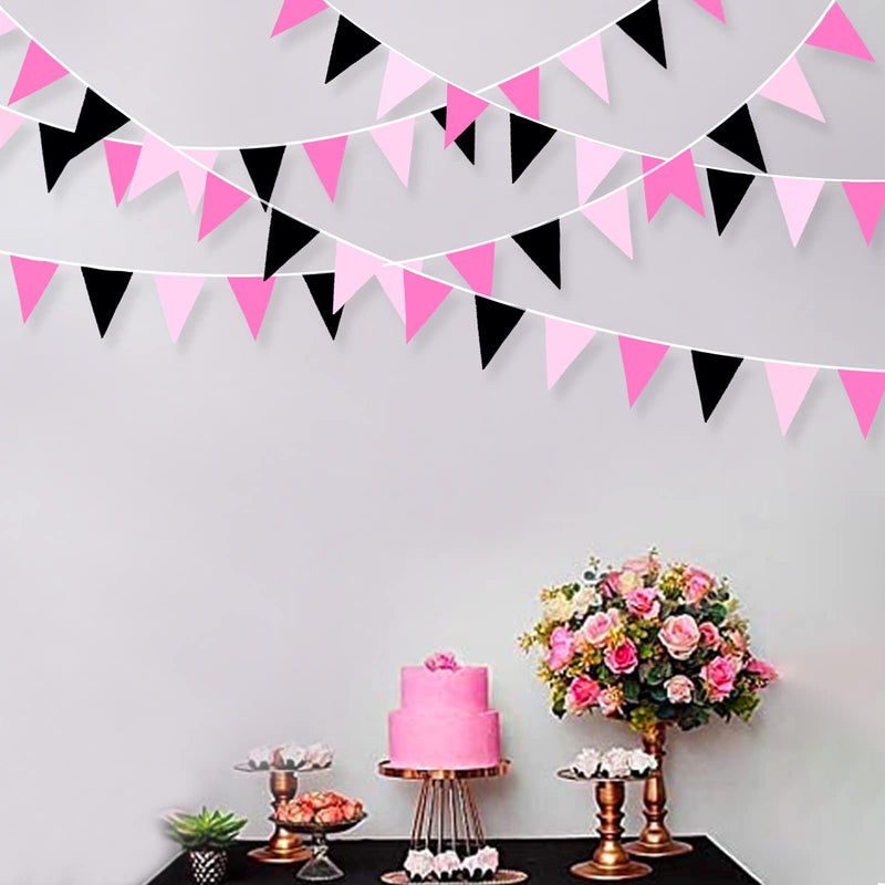 32Ft Rose Hot Pink Black Pennant Banner Fabric Triangle Flag Cotton Bunting Garland for Minnie Mouse Birthday Wedding Anniversary Party Home Nursery Outdoor Garden Hanging Festivals Decoration (36Pcs) - PawsPlanet Australia