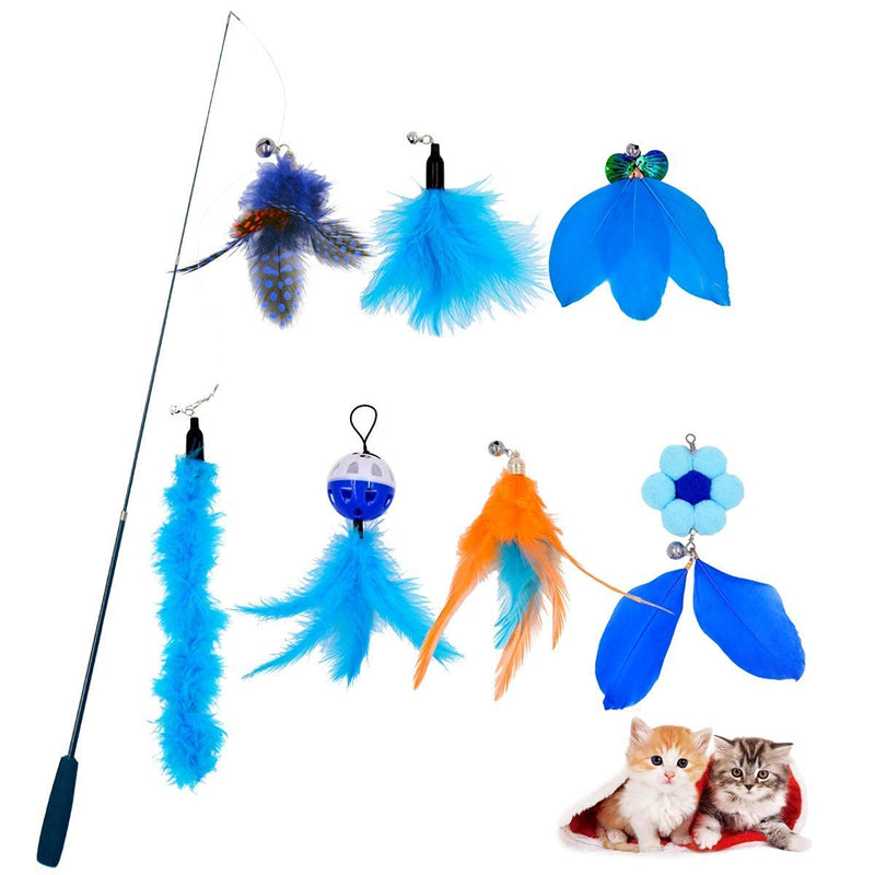 TIENAILING Feather Teaser Cat Toys 1 PCS Retractable Cat Toys Wand and 7 PCS Replacement Refills Feathers Catcher with Bells Interactive Teaser Funny Exercise for Kitten Cats Blue - PawsPlanet Australia
