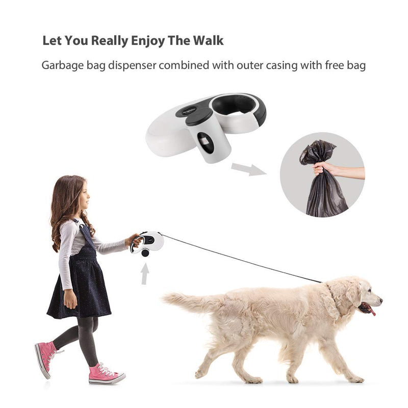 [Australia] - Retractable Dog Leash 16ft Strong Nylon Cord, Anipaw Heavy Duty 360° Tangle-Free Pet Leashes with Waste Bag Dispenser & Bags, Anti-Slip Grip Retracting Leash for Dogs up to 110lbs Blackwhite 