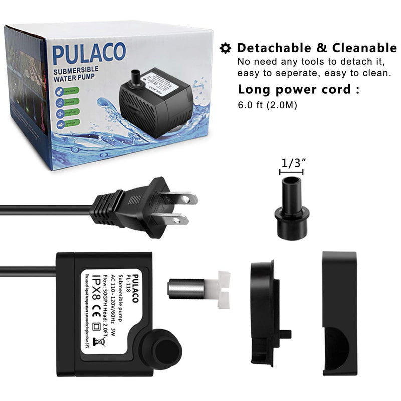 PULACO 50GPH 3W Mini Submersible Water Pump for Aquariums, Fish Tank, Pond, Fountain, Hydroponics - PawsPlanet Australia