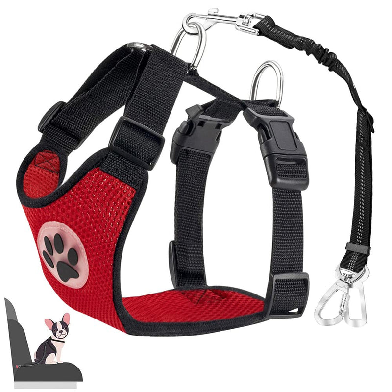 Eyein Dog Harness with Seat Belt for Car, 2 Carabiner Hooks - Connected to Seat Belt Buckle, Child Safety Seat or Trunk, Adjustable Breathable Harness (Red, S) Red - PawsPlanet Australia