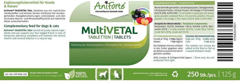 AniForte MultiVitamin MultiVETAL 250 Tablets: Natural Vitamin Supplement for Dogs & Cats - Contains 13 Vitamins & 11 Minerals, Including Vitamin B Complex, B1, B2,B5, B6, B12, A, C, D, E, K, Omega 3 - PawsPlanet Australia