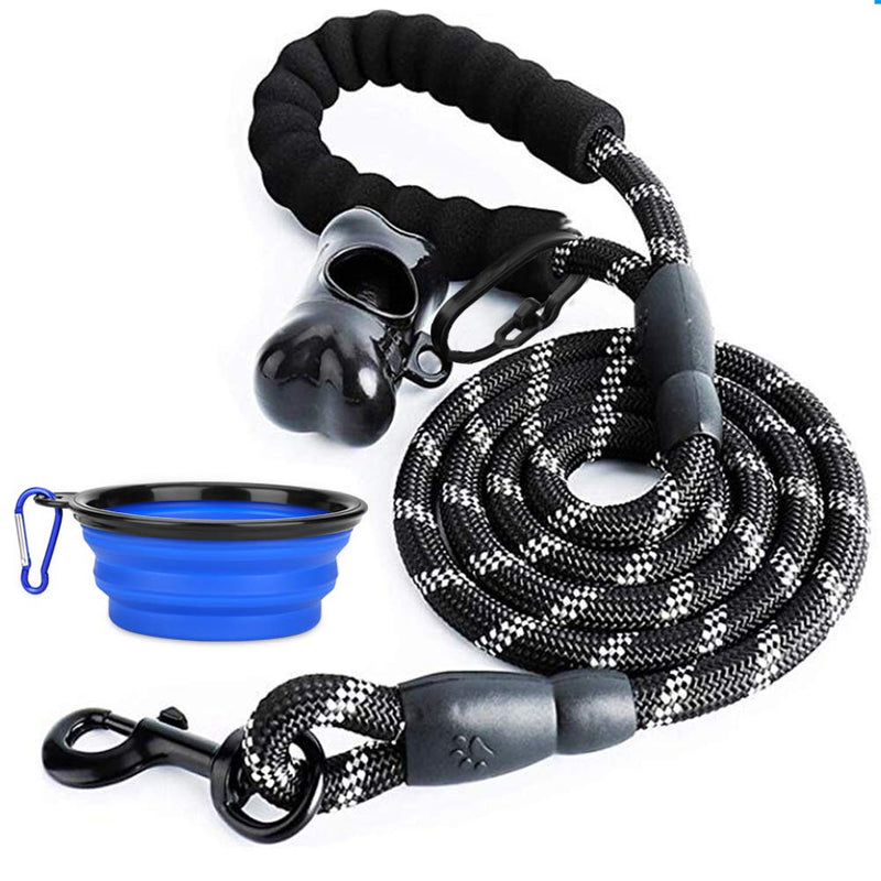 [Australia] - xjzx 5 FT Heavy Dog Leash - Comfortable Filling Handle, Heavy Metal Buckle and High Reflector, Suitable for Small, Medium and Large Dogs, with Foldable Free Pet Bowl 