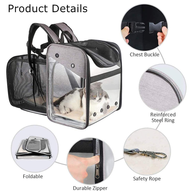 Pet Carrier Backpack for Puppy Dogs Cats 10kg - Expandable Transparent Transport Bag, Foldable Spacious Portable Top Opening Rucksack Airline Approved for Travel and Daily Use (grey) grey - PawsPlanet Australia