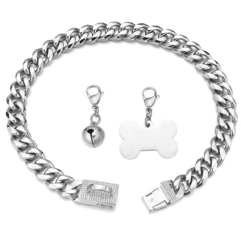 Aiyidi Dog Chain Collars Stainless Steel Silver Metal Chain Width 15mm/19mm with CZ Diamond Design Buckle Bling Dog Collar with ID Tag Dog Bell Waterproof Chewy for Dog Walking Training 10inches (for dog's neck 7~9inches) Silver,15mm wide - PawsPlanet Australia